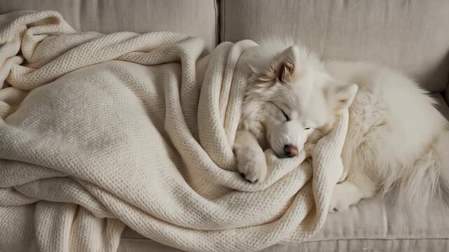 High angle overhead view of an extremely fluffy white dog completely buried and snuggled deep under soft cashmere blankets lying on a clean modern sofa relaxation, wellbeing, animal