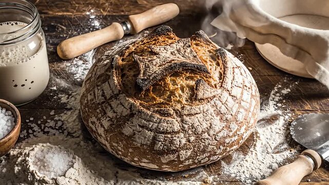 High angle overhead view of an entire sourdough bread making setup featuring raw ingredients, flour dust, and a finished loaf centered on an antique butcher block dough, flat lay, wheat