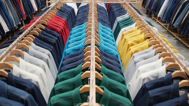 High angle overhead view of several parallel wooden racks filled with brightly colored denim jackets creating geometric lines and patterns concept, jeans, top down