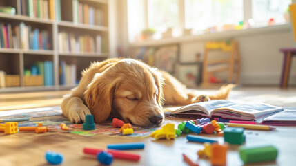 Golden retriever puppy sleeping amidst colorful toys in a sunny living room.