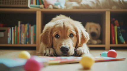 Adorable puppy with soulful eyes lying amidst colorful toys and books.