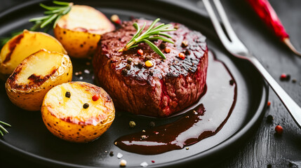 Juicy steak with rosemary and roasted potatoes on a black plate.