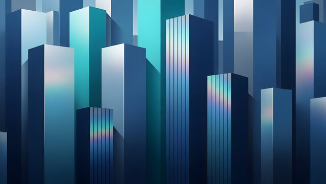 Rascacielos abstractos en ciudad 3D futurista con reflejos hologr&aacute;ficos, concepto de innovaci&oacute;n urbana, arquitectura digital y finanzas modernas
