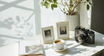 Vintage camera and coffee on a sunlit table with framed photos and plants.