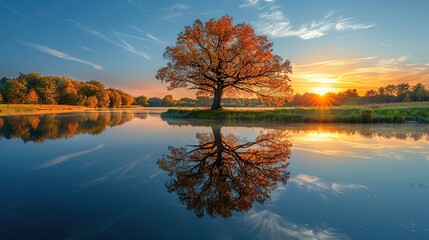 Peaceful Wilderness Scenery with Woodland Shapes Mirrored on Glassy Surface