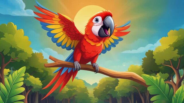 Joyful Cartoon Macaw Parrot with Open Wings on a Sunny Jungle Branch