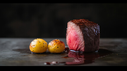 Succulent beef steak with seasoned potatoes on a dark background.