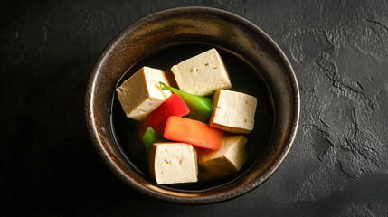 Bowl of fresh tofu with colorful vegetables on a dark textured background.