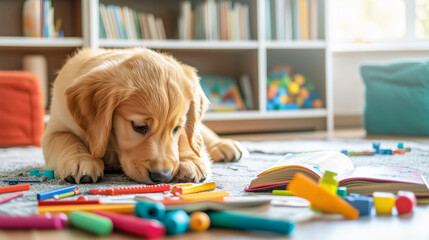 Golden retriever puppy curiously exploring colorful toys and books indoors.