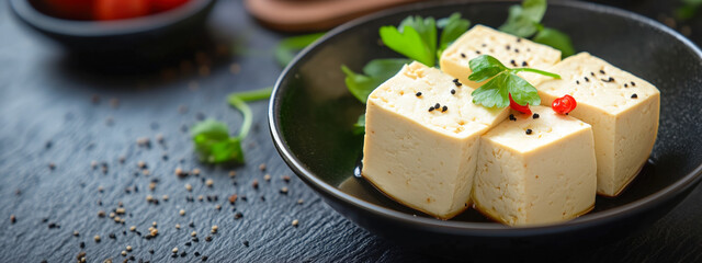 Fresh tofu cubes garnished with herbs and spices on a black plate.
