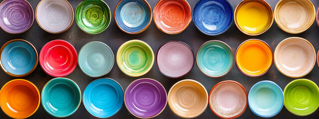 Colorful ceramic bowls arranged in rows on a dark background.