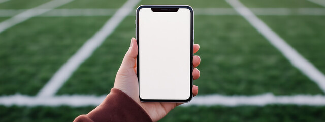 Hand holding smartphone on outdoor football field with empty screen.