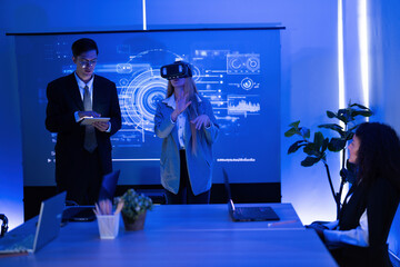 Business team exploring virtual reality technologies in a modern office setting during a presentation