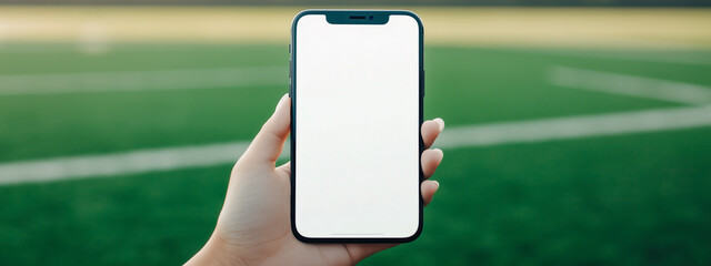 Hand holding a smartphone with blank screen on a green sports field.