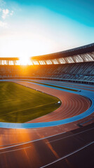Empty stadium track at sunset, casting a warm glow over the field.