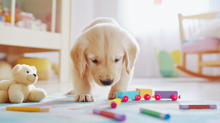 Adorable puppy exploring colorful toys in a bright, playful room.