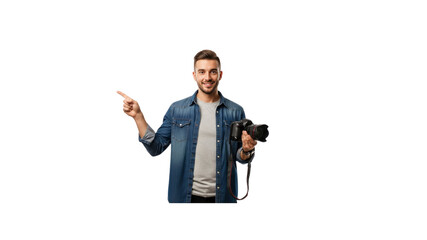 Smiling photographer points left with camera