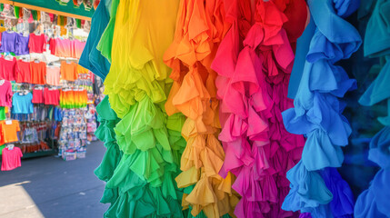 Vibrant display of colorful ruffled shirts at a market stall.