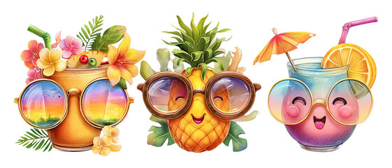Fun Summer Drink Illustrations with Tropical Fruits and Cheerful Faces