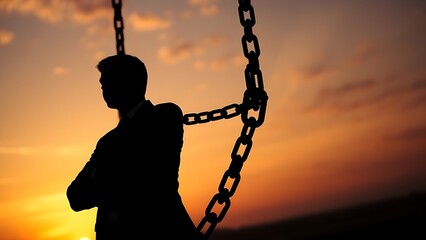 Business professional silhouette against a sunset sky with broken chains, freedom theme.