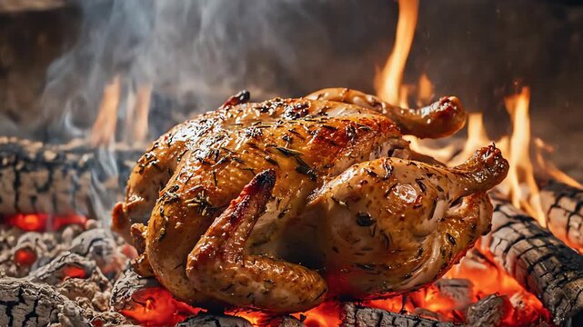 High angle simulated drone shot descending slowly toward a perfectly golden roasted chicken surrounded by flickering hot embers and rising wisps of dense smoke barbecue, flickering, aerial