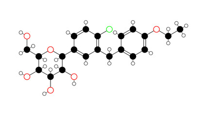 dapagliflozin molecule, structural chemical formula, ball-and-stick model, isolated image antidiabetic drug