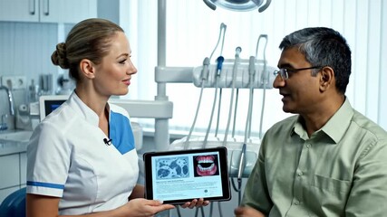 Female dentist showing x-ray on tablet to male patient during consultation. Doctor explaining dental treatment plan using digital technology in a modern clinic - Powered by Adobe