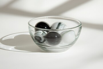 Glass bowl with black and white marble eggs on white background