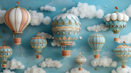 Whimsical cut out artwork featuring floating hot air balloons, creating a playful, dreamy atmosphere filled with imagination, travel spirit, and lighthearted charm.

