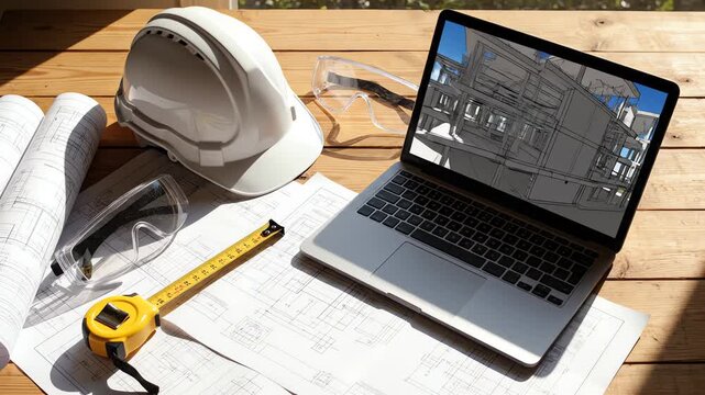 High angle static shot of a clean white protective hard hat and an open laptop surrounded by technical drawings and construction materials scattered across a wooden workspace equipment, architecture