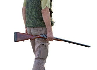 Close-up of a hunter's hand with a gun. Medium shot of a hunter with a weapon.