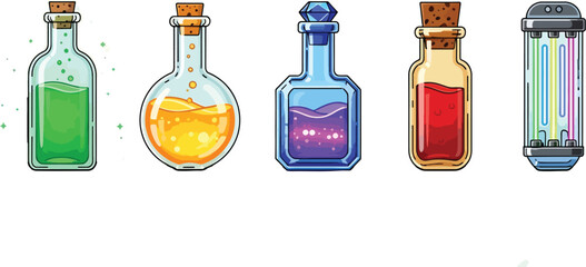 Magic Potion Bottles Fantasy Illustration &ndash; Colorful Glass Vials with Glowing Liquids, Alchemy Game Icon Vector Set