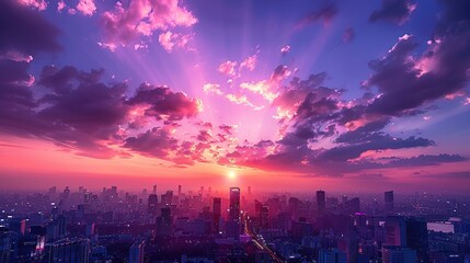 Romantic Evening Atmosphere with Vibrant Gradient Colors Over Urban Landscape