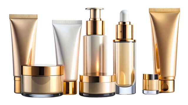 Cosmetic skincare containers and tubes in assorted shapes and metallic isolated on transparent background