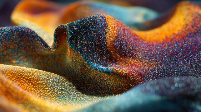 Closeup medium shot of dynamic heat maps printed on fabric shifting colors in response to body temperature demonstrating thermochromatic ink technology.