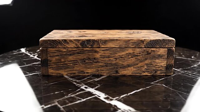 High angle static studio shot of a rustic, rectangular wooden presentation box resting perfectly centered on a polished dark marble surface product display, decor