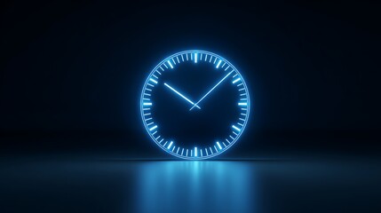 Glowing blue clock with illuminated hands and numbers on dark background.