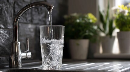 Water pouring into a clear glass from a modern kitchen faucet.