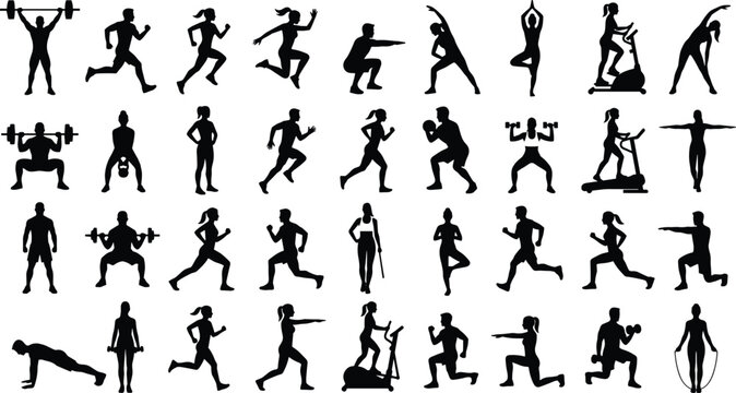 Fitness exercise silhouette collection featuring men and women running, weightlifting, yoga, cardio training, and gym workouts in black flat icon style