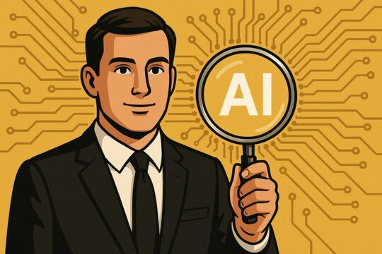 A man in a black suit is holding a magnifying glass focused on an AI symbol against a yellow circuitry background. - Powered by Adobe