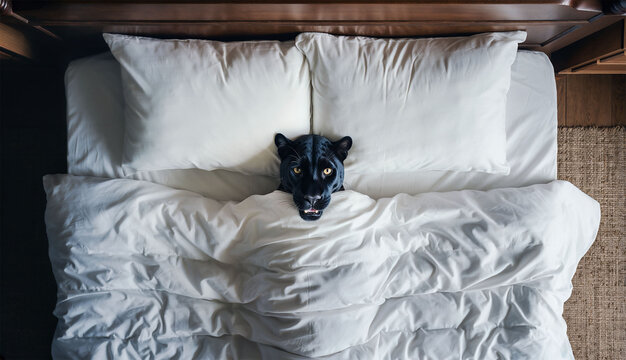 Schwarzer Panther im wei&szlig;en Bett &ndash; minimalistische Draufsicht