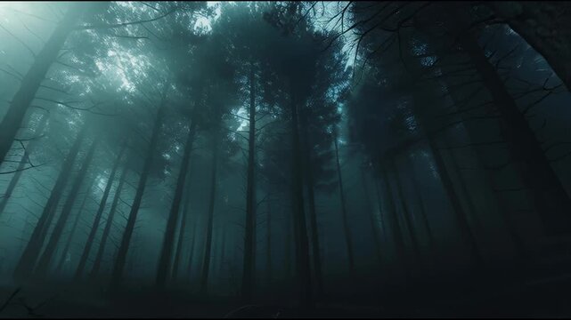 A low-angle view of a dense, dark forest shrouded in thick mist, with tall trees reaching towards a hazy, glowing sky, creating an eerie and mysterious atmosphere.