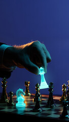 Glowing chess king placed on board in decisive position. Concept of high stakes gambling, business...