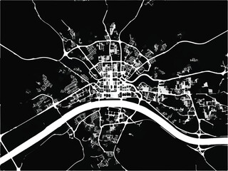 Minimalist Black and White City Map Vector Graphic with River and Roads Top View