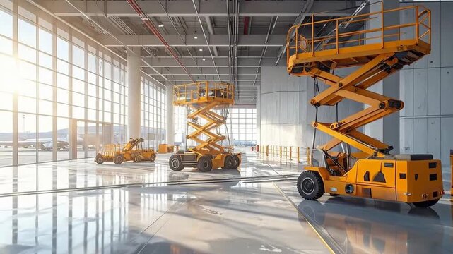 Bright Industrial Warehouse Interior With Multiple Yellow Scissor Lifts Under Natural Sunlight And Reflections On Wet Floor