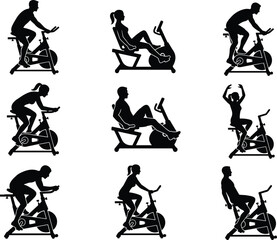 Indoor cycling silhouettes of men and women on stationary bikes, spin class fitness workout poses isolated illustration