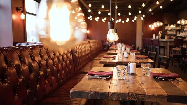 High angle sweeping crane shot slowly descends over a row of empty leather restaurant booths and textured wooden tables illuminated by glowing ambient string lights design, smooth camera movement