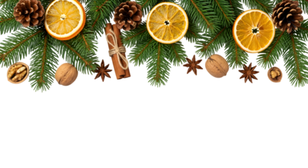 Christmas Garland with Oranges Nuts and Pinecones Isolated on transparent background