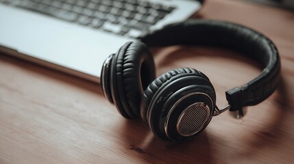 Black headphones on a wooden desk next to a laptop computer.