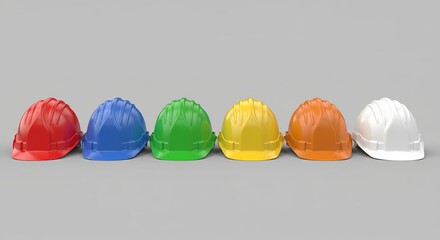 Six construction safety helmets in different colors aligned in a row on a neutral background